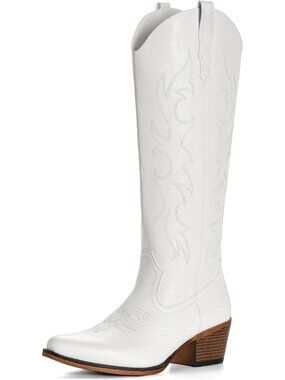 Women's White Embroidered Pull On Casual Low Heel Pointed Toe Cowgirl Boots